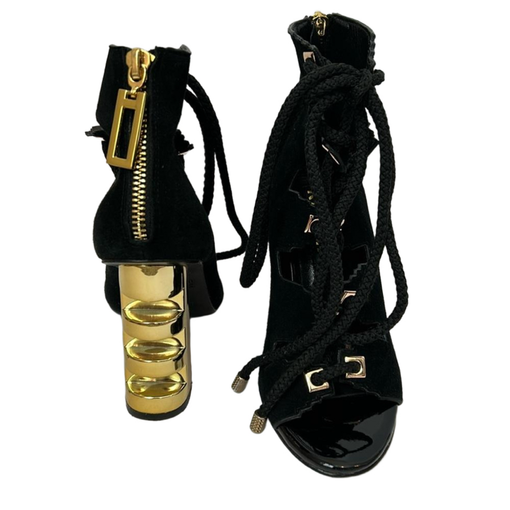 KAT MACONIE Betsy Suede Black Sandals Gold Heels Lace Up women’s size 5.5